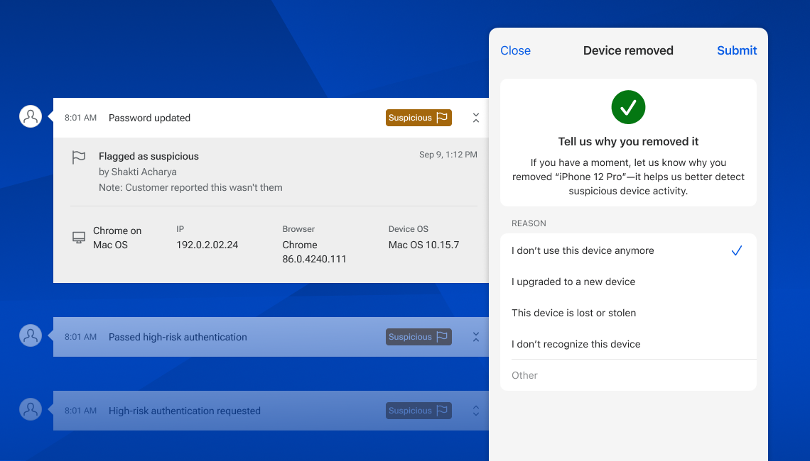 Image showing two aspects of the Suspicious and Fraudulent Event Labeling feature.